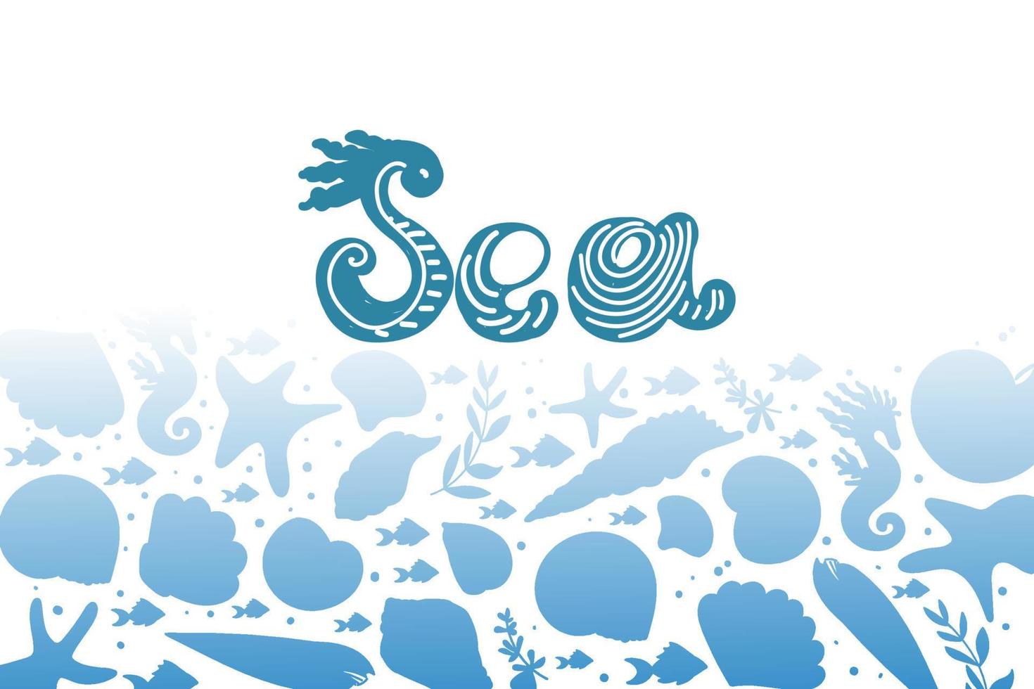 Banner with silhouettes of sea creatures on white background. Design for tourist business advertising, for seafood grocery stores. Shells, fish, clams and algae. Hand-drawn doodles in sketch style. vector