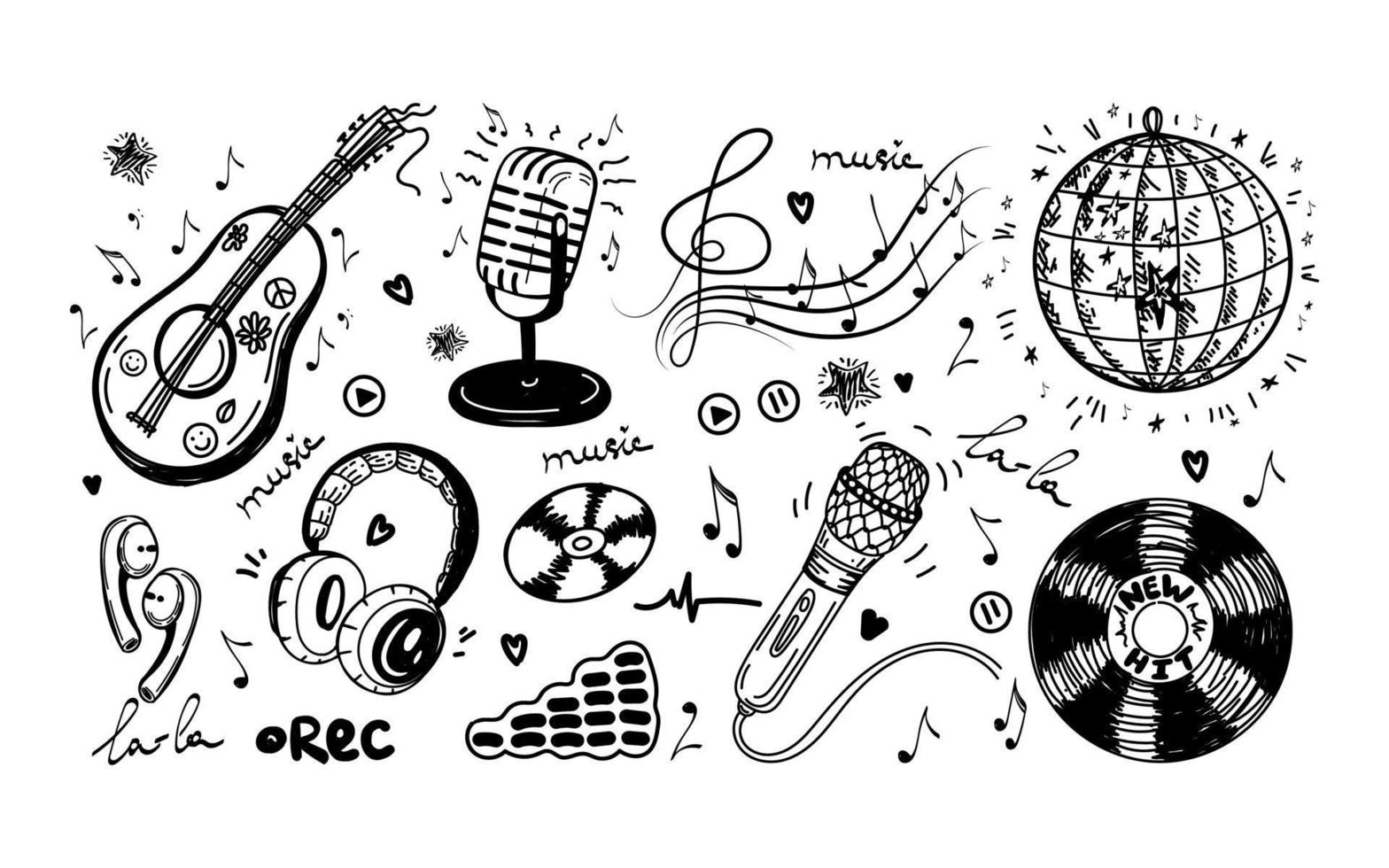 A set of hand-drawn musical elements in sketch style. Guitar or ukulele. Headphones, microphones, CDs, audio, Disco ball, violin key with notes and recording icons. Vector simple isolated illustration