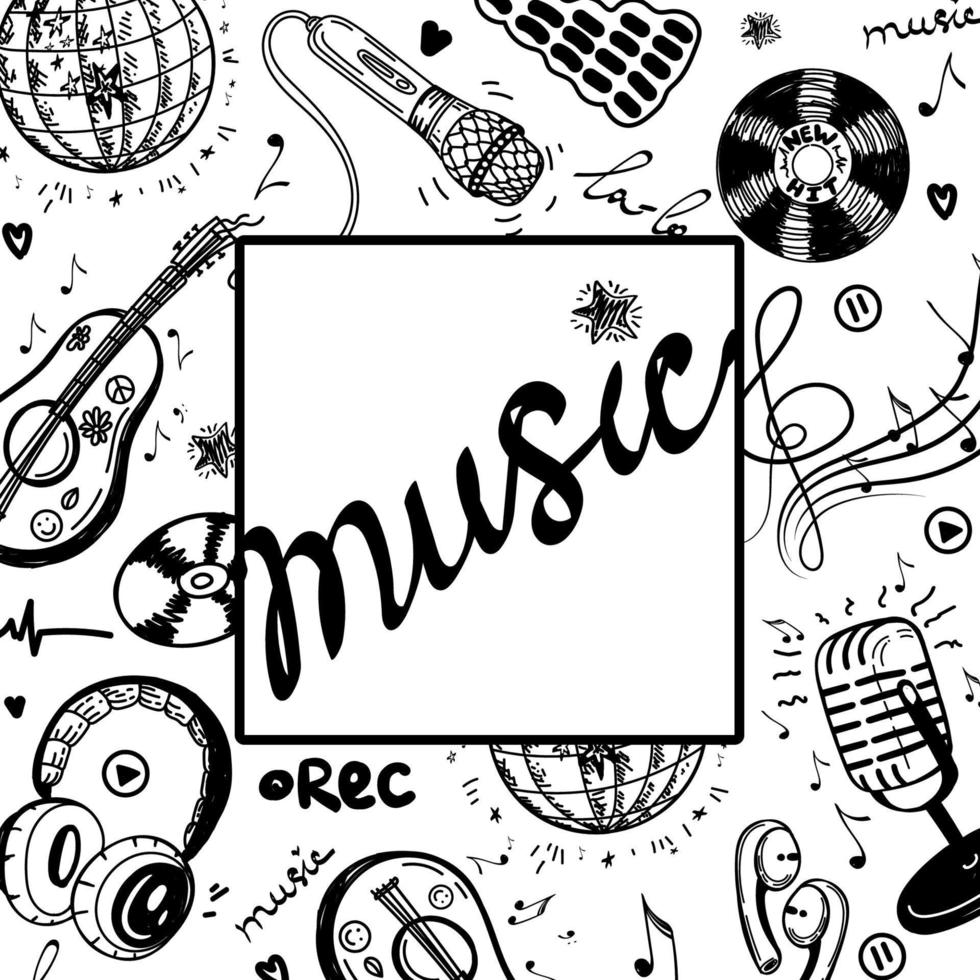 Banner template with elements of music, hand-drawn doodles in sketch style. Guitar or ukulele. Headphones, microphones, violin key with sheet music and recording icons. Music lettering, hand-drawn vector