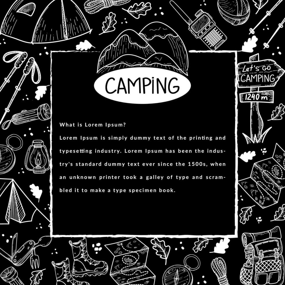 Banner with elements of hiking life on a black background. Hiking. Hiking. Camping emblem with mountains. Tents, compass, map, etc. There is an indent for text. Hand-drawn elements in a flat style. vector