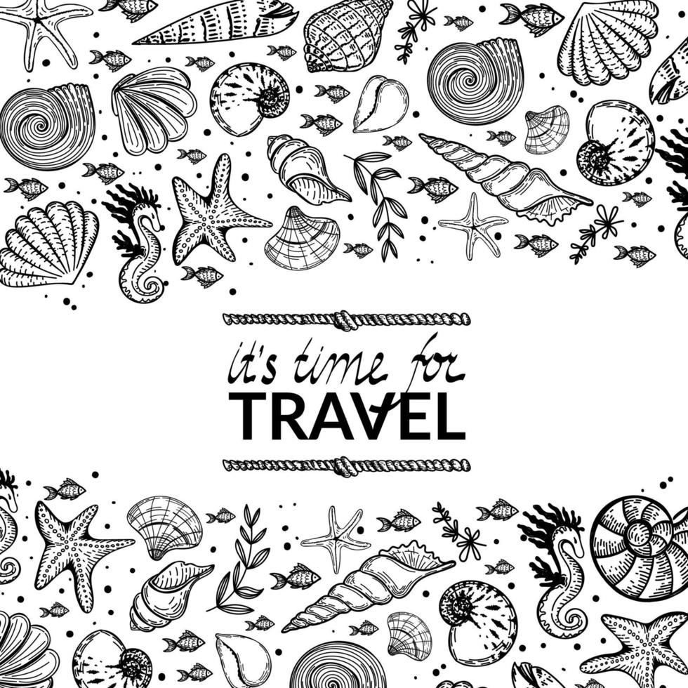Banner with sea creatures on white background. Design for tourist business advertising, for seafood grocery stores. Shells, fish, clams and algae. Hand-drawn doodles in sketch style vector