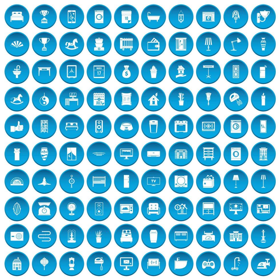 100 iconos interiores conjunto azul vector