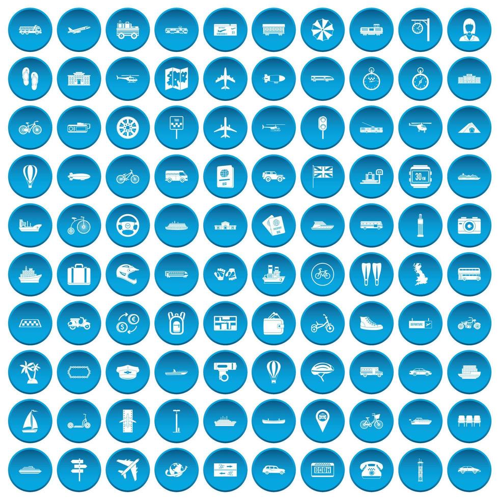 100 iconos de transporte público conjunto azul vector