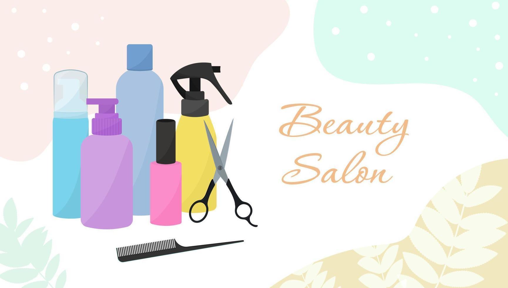 Set of cosmetics on an abstract background. Beauty salon advertising banner template. vector