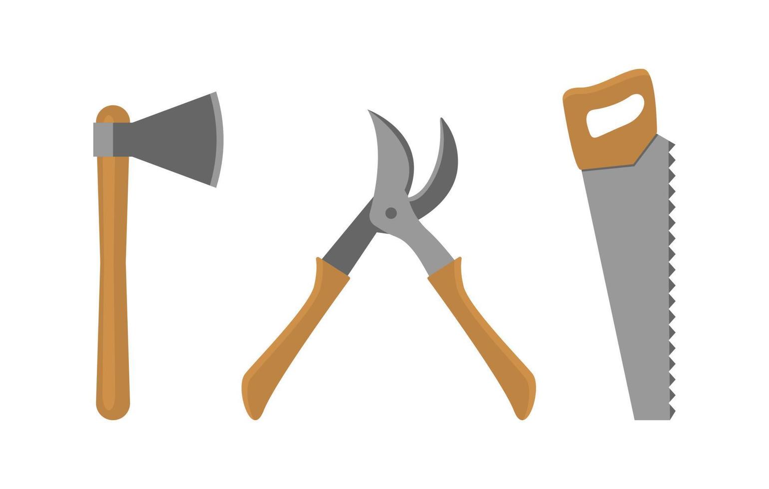 herramientas para talar, aserrar y podar árboles. hacha, sierra y tijeras de podar. vector