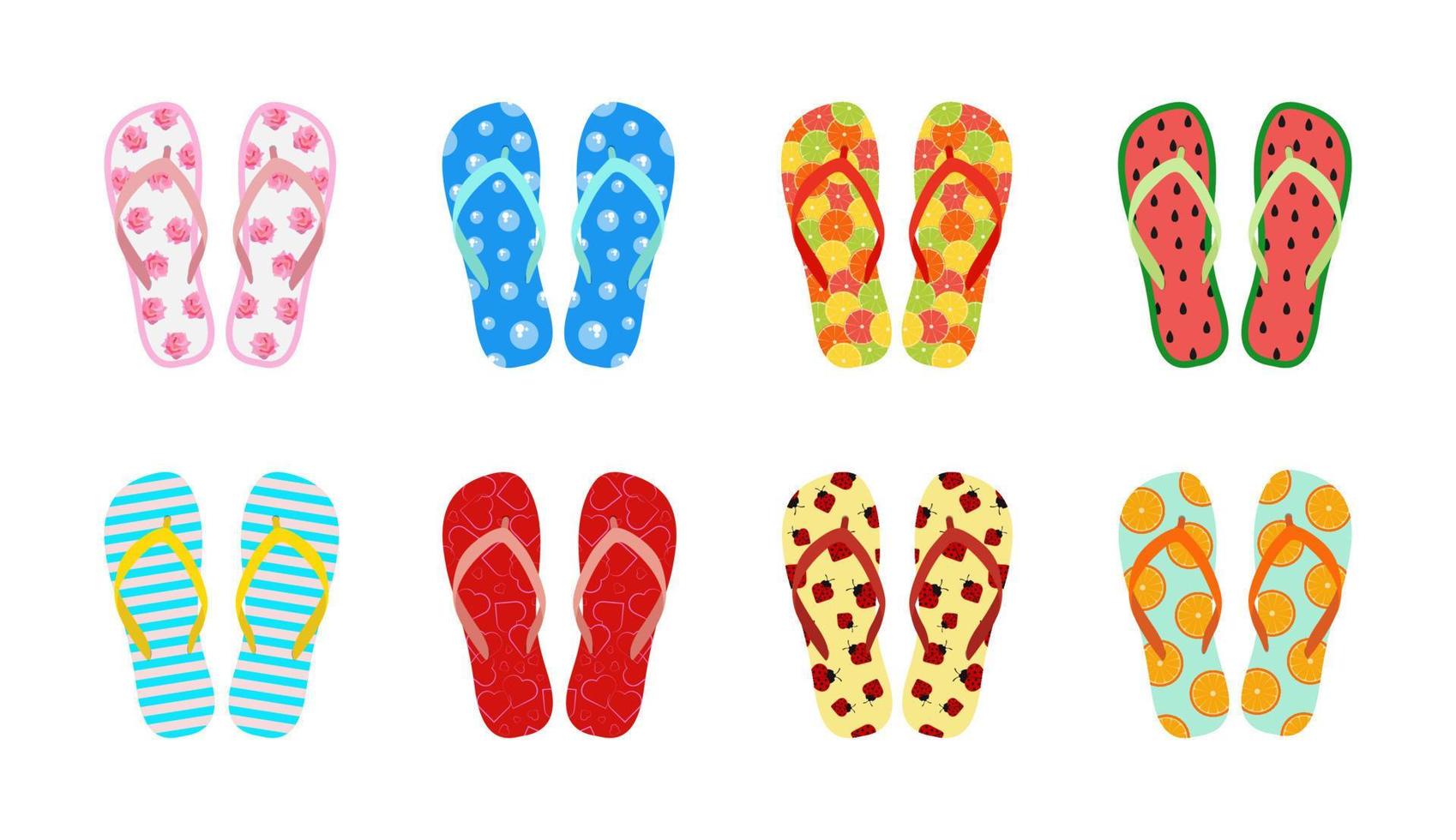 Flip flops with different designs set. Beach sandals for summer holidays. vector