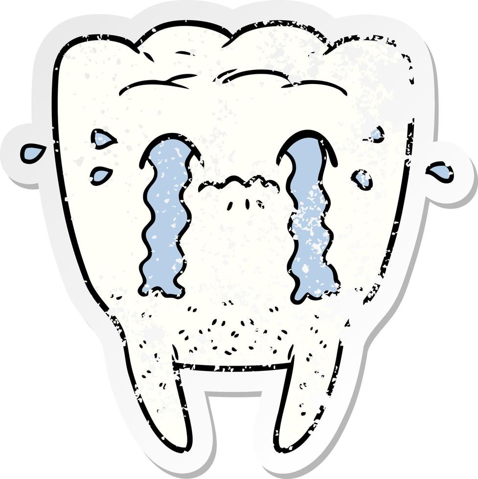 distressed sticker of a cartoon tooth crying vector