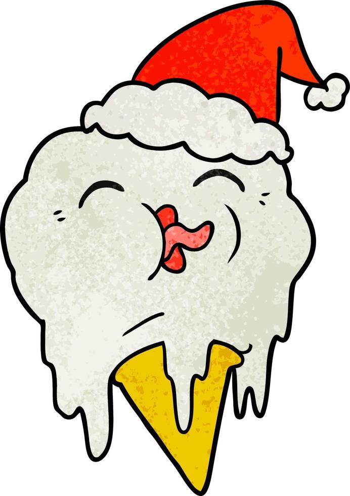 textured cartoon of a melting ice cream wearing santa hat vector