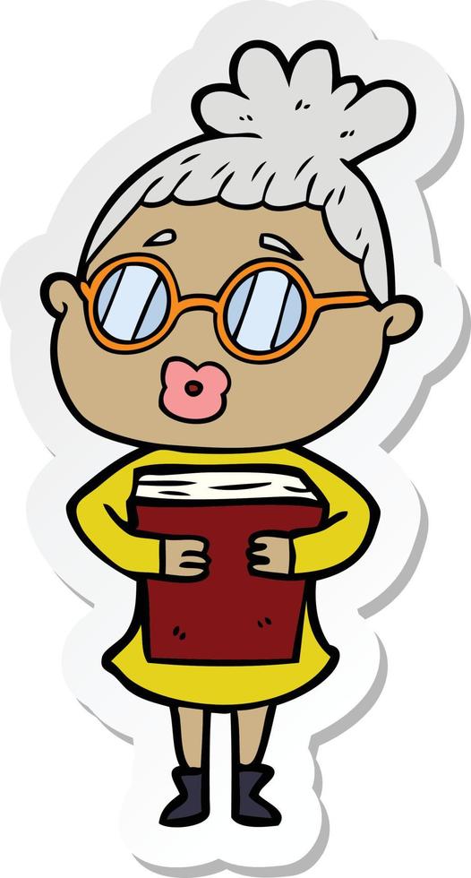 sticker of a cartoon woman with book wearing spectacles vector