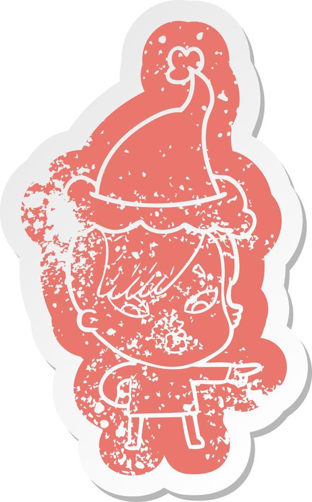 cartoon distressed sticker of a surprised girl pointing wearing santa hat vector