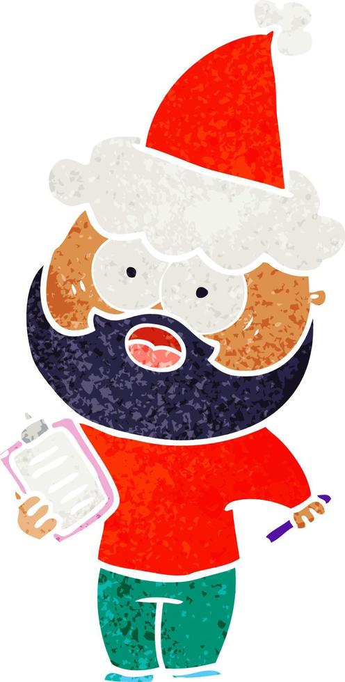 retro cartoon of a bearded man with clipboard and pen wearing santa hat vector