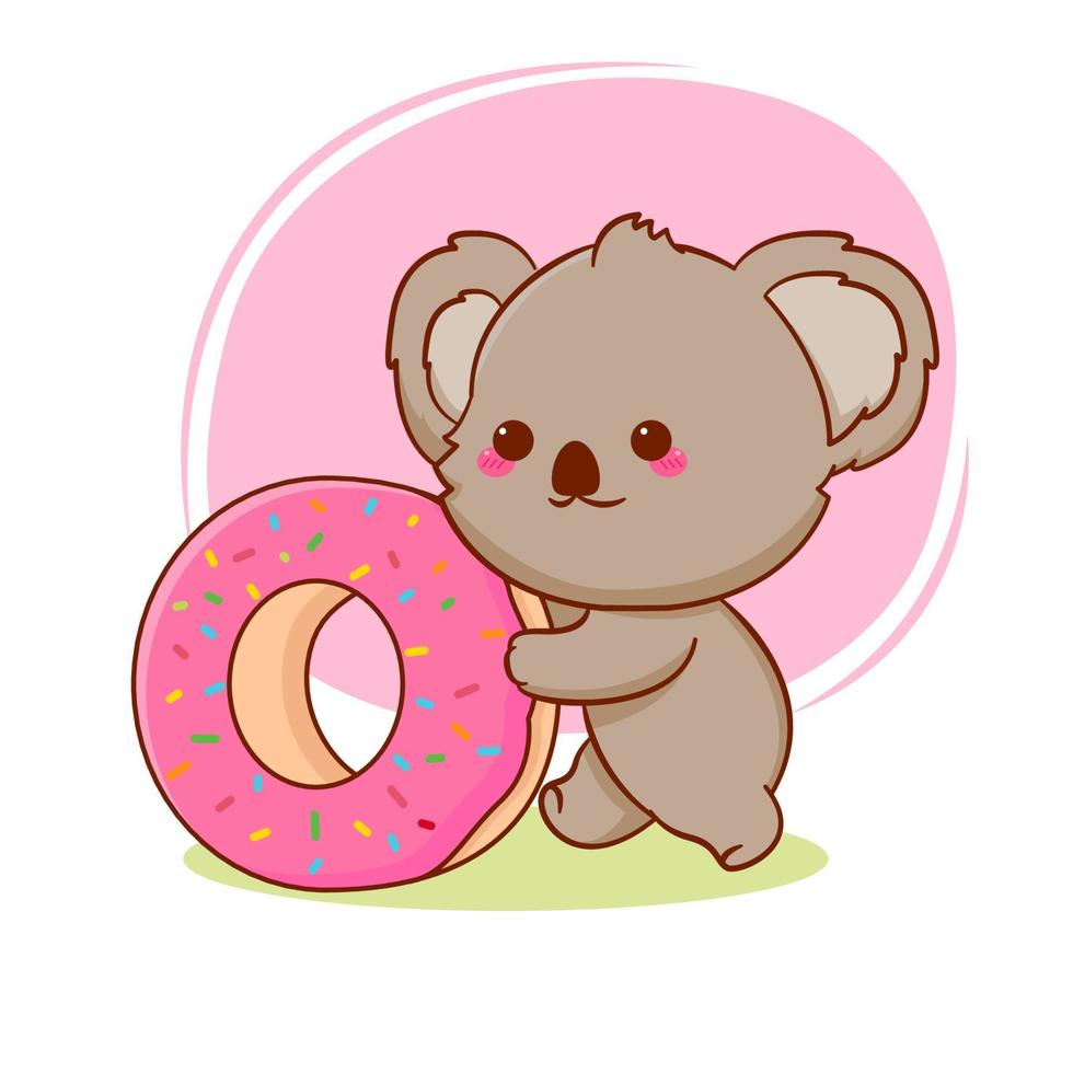 lindo koala bebé de dibujos animados con donut. ilustración de diseño de mascota dibujada a mano. vector