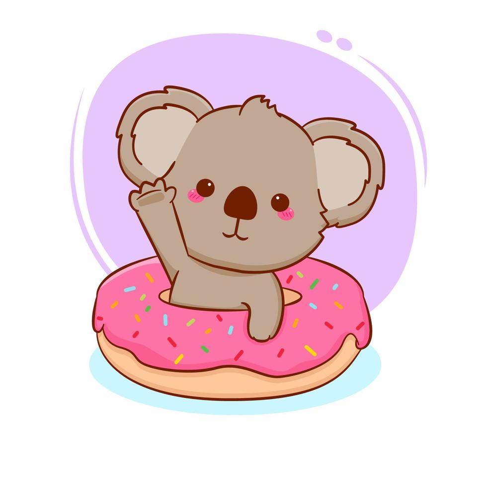 Cute cartoon baby koala with doughnut. Hand drawn mascot design illustration. vector