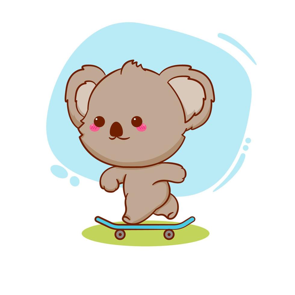 lindo bebé de dibujos animados koala jugando patineta. ilustración de diseño de mascota dibujada a mano. vector