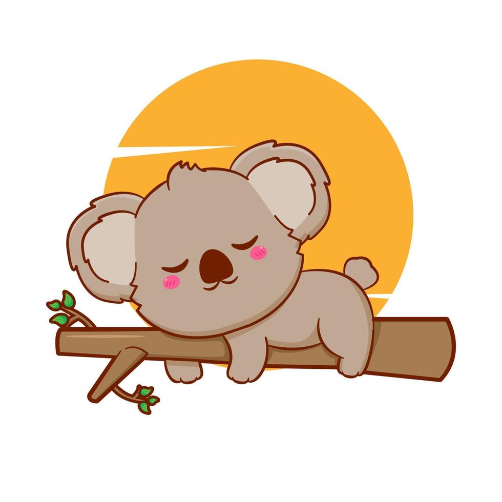 lindo bebé de dibujos animados koala durmiendo en un árbol. ilustración de diseño de mascota dibujada a mano. vector