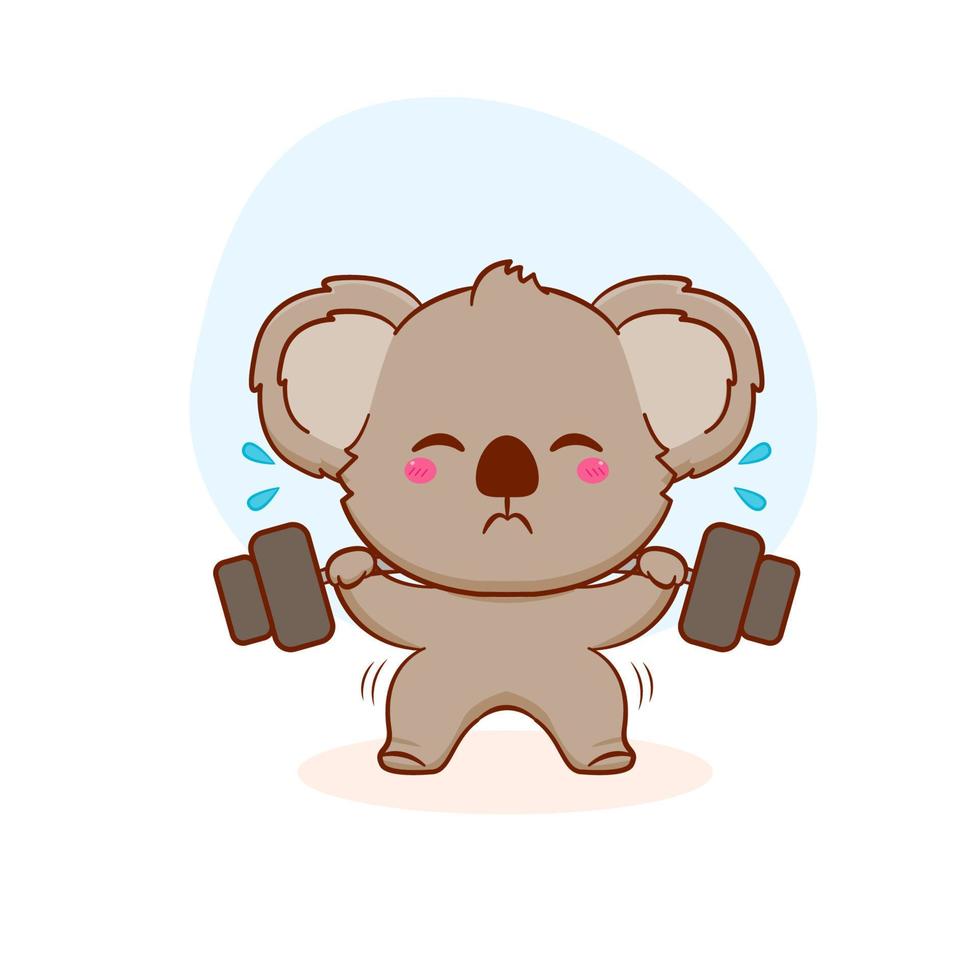 Cute cartoon baby koala lifting barbell. Hand drawn mascot design illustration. vector