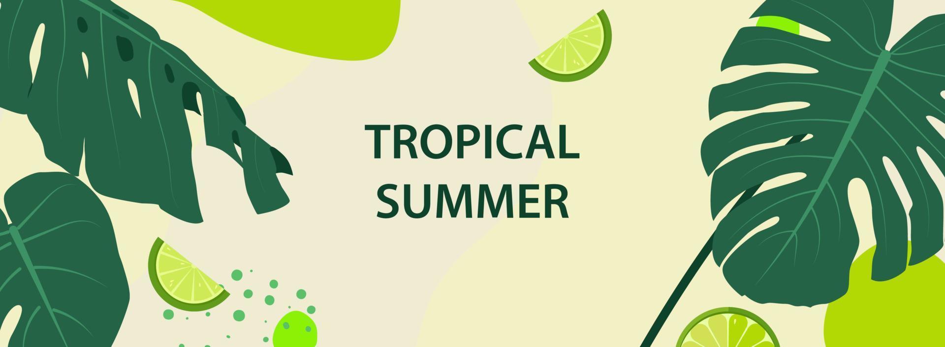 Horizontal banner with tropical leaves, plants,lime slices and trendy floral blots. Announcement of a new collection, discounts on it, summer sale, discount. Vector illustration