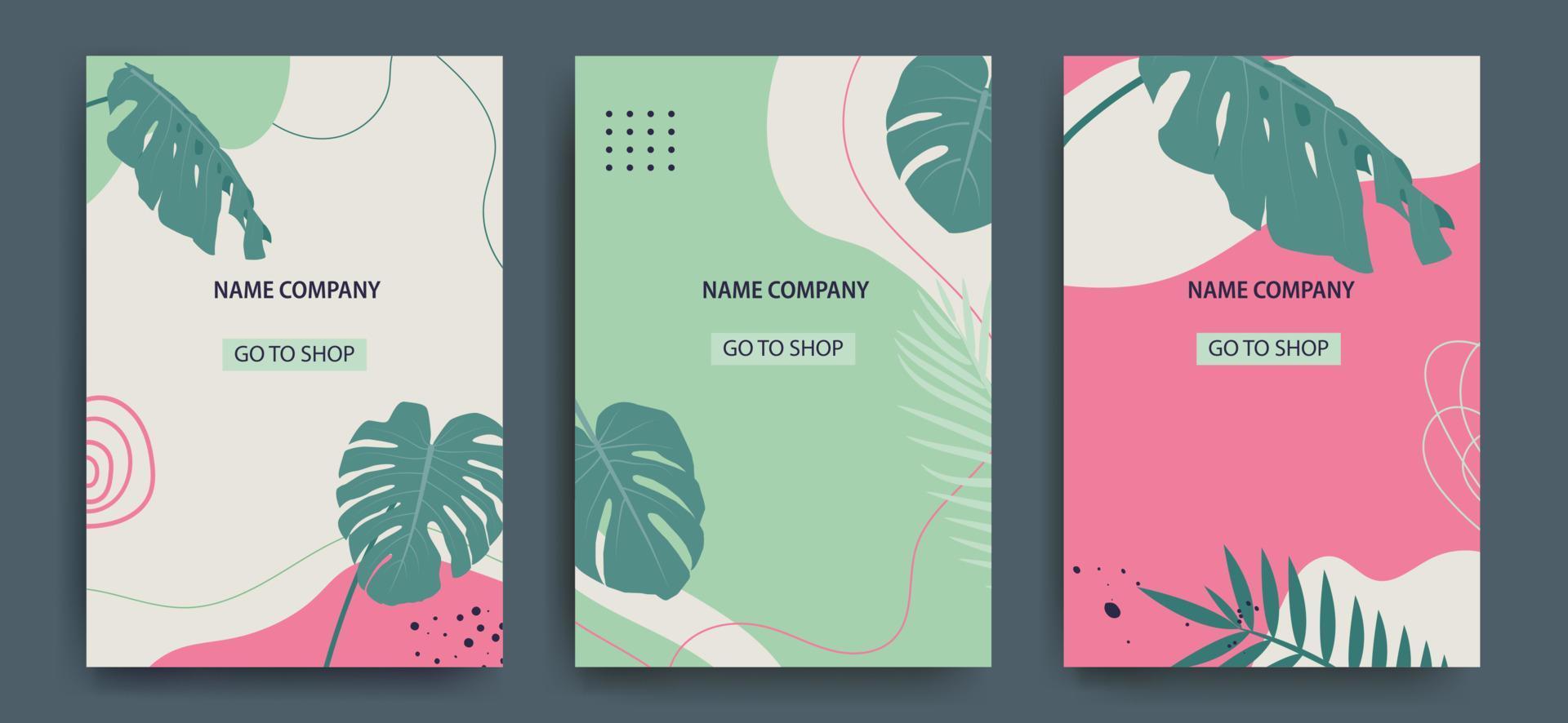 Set of advertising banners with tropical leaves, plants and trendy flower spots. Tropical summer. Announcement of a new collection, discounts on it, summer sale. Minimalism. Vector illustration