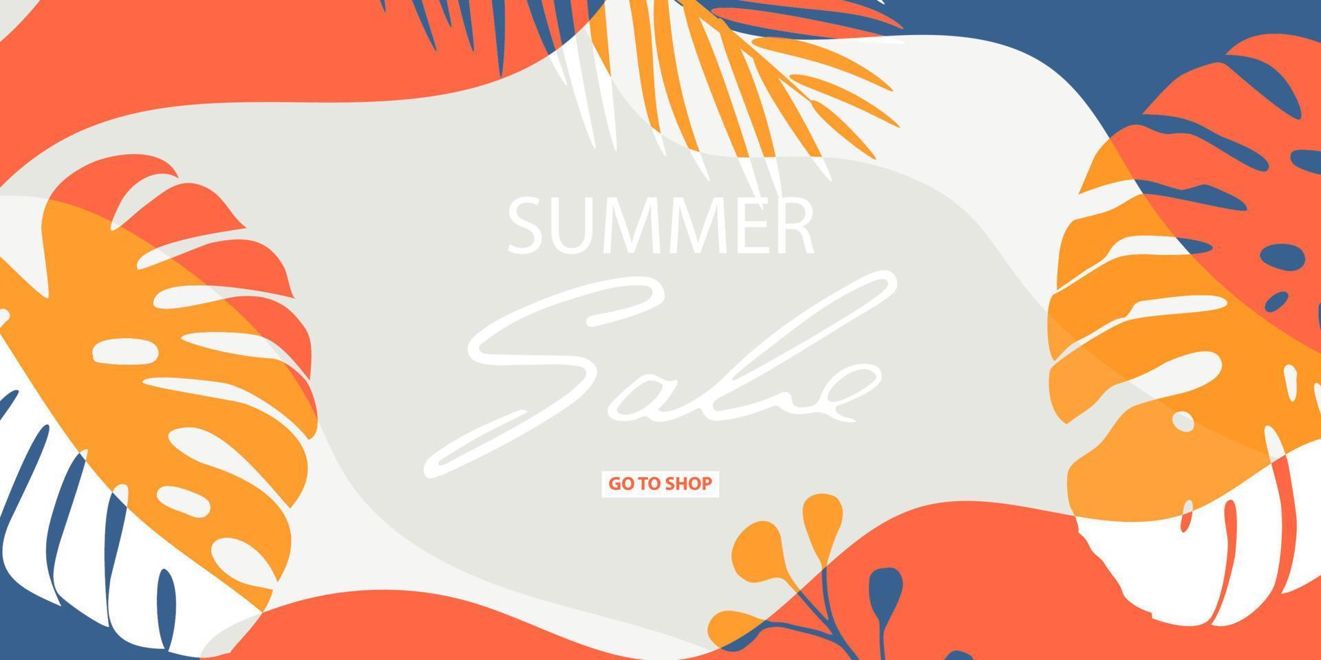 Horizontal banner with tropical leaves, plants and trendy floral blots. Bright, juicy colors. Announcement of a new collection, discounts on it, summer sale, discount. Vector illustration