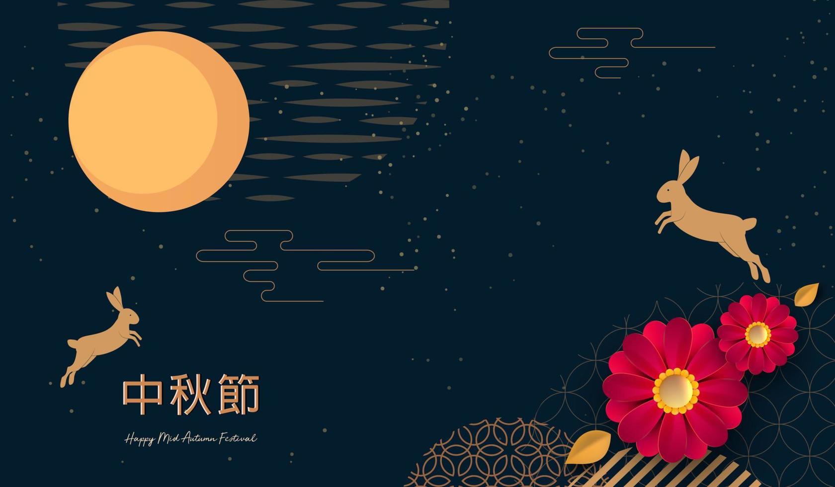 Banner design with traditional Chinese circles patterns representing the full moon, Chinese text Happy Mid Autumn, gold on dark blue. Vector Flat style. Place for your text.