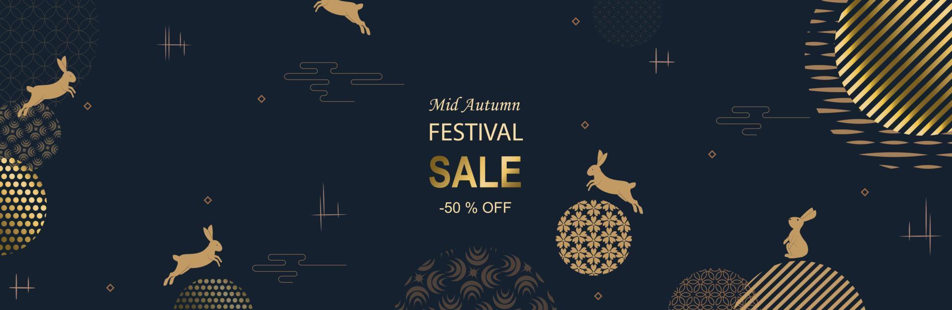 Banner design with traditional Chinese circles patterns representing the full moon, Chinese text Happy Mid Autumn, gold on dark blue. Vector Flat style. Place for your text.