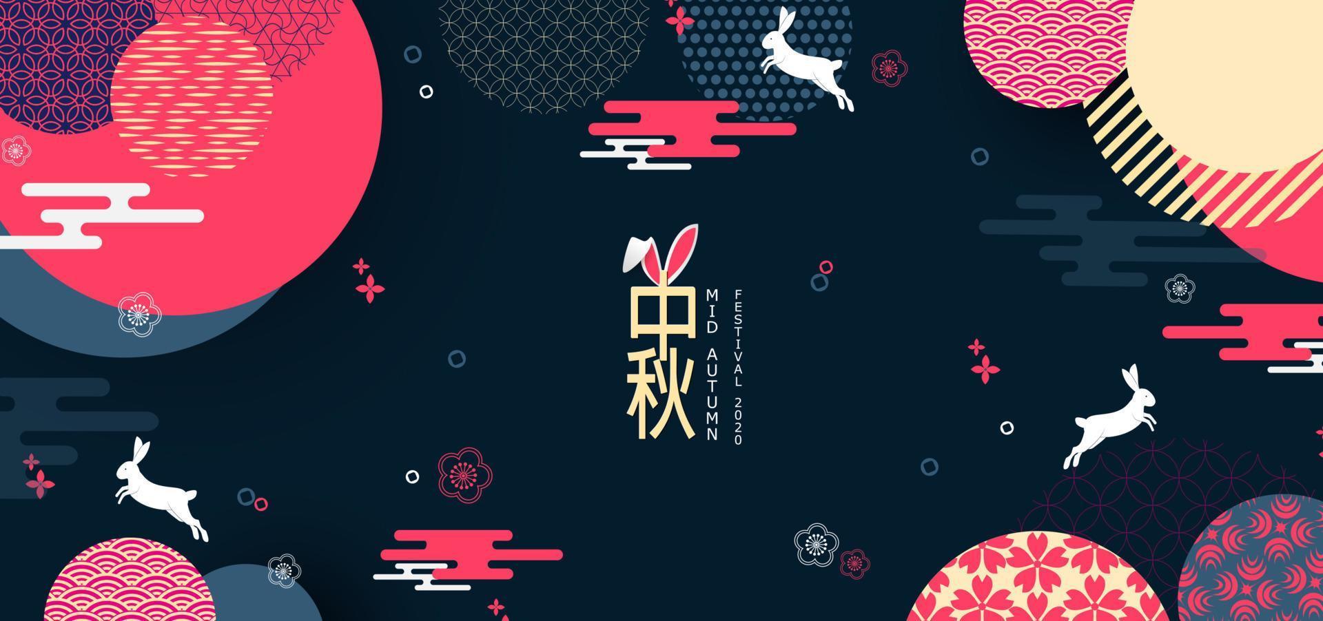 Banner design with traditional Chinese circles patterns representing the full moon, Chinese text Happy Mid Autumn, gold on dark blue. Vector Flat style. Place for your text.