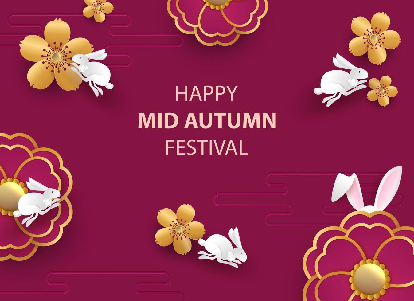 White rabbits with paper cut chinese clouds and flowers on geometric background for Chuseok festival. Hieroglyph translation is Mid autumn. Vector illustration.