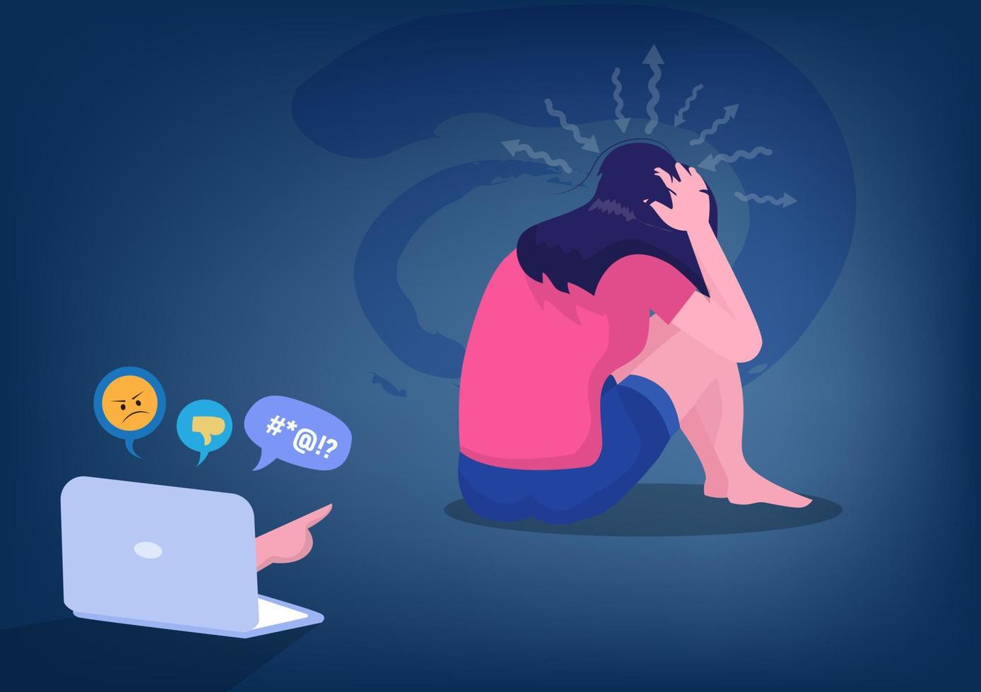 Cyber bullying. Depressed woman sitting on the floor. Opinion and the pressure of society. Shame. Vector flat