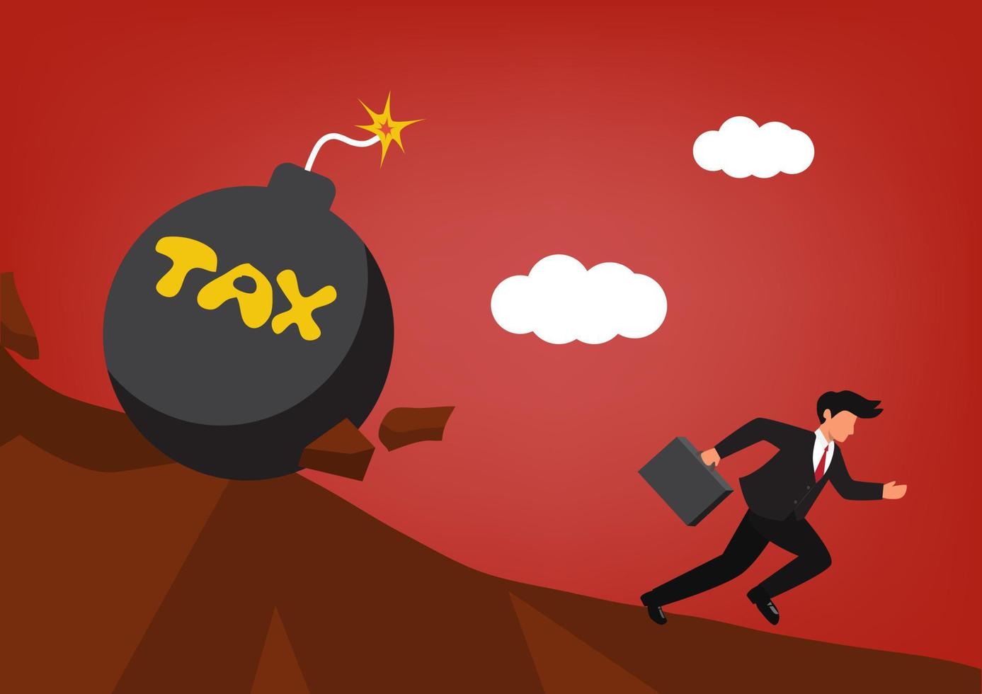 tax evasion businessman Business concept illustration. The male character runs away from a bomb that is like a retroactive tax. vector