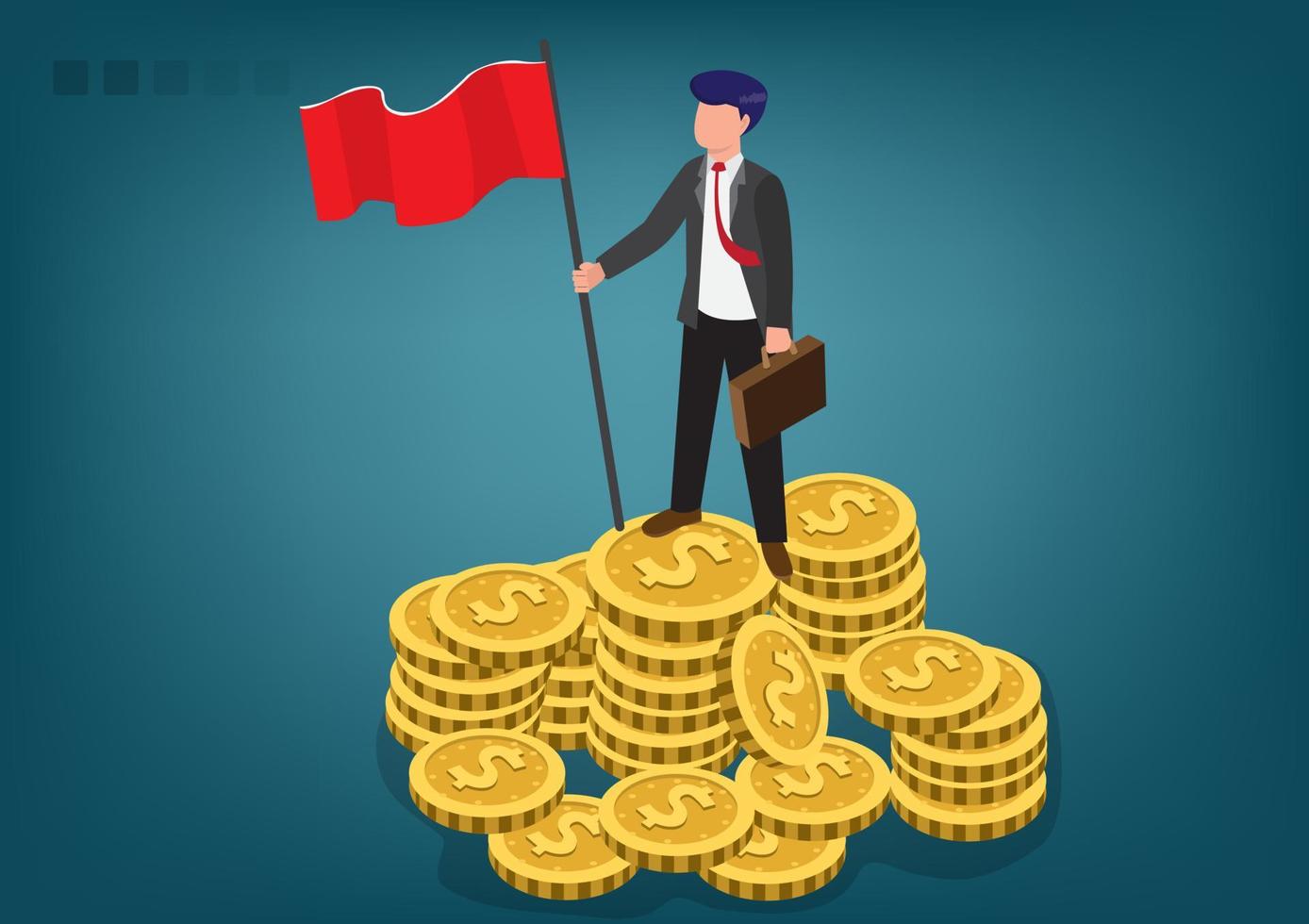 Successful businessman walking up stack of money - Rich man having success in career and earning more and more money. Vector illustration on white background.