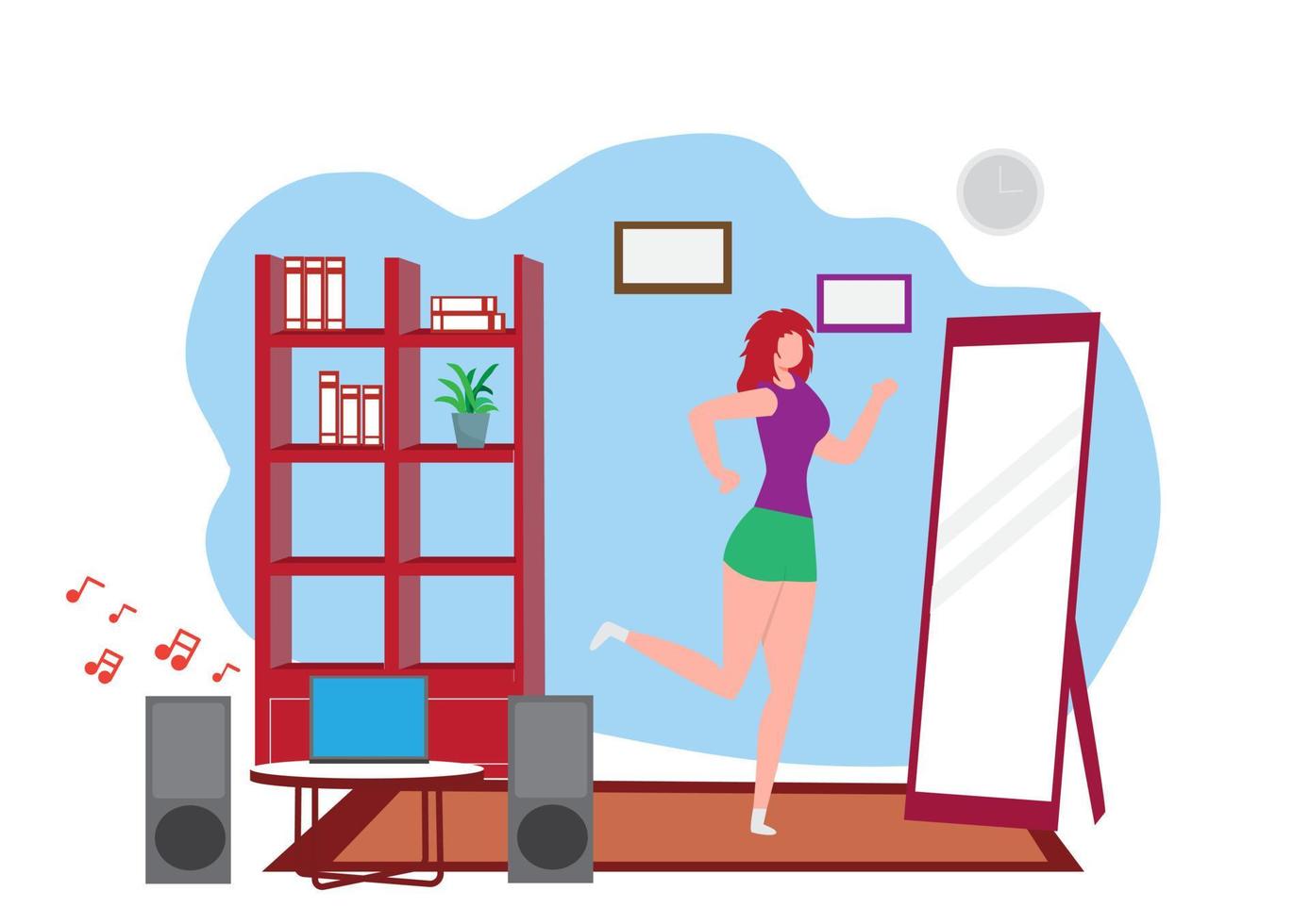 happy young housewife enjoying exercise at home Beauticians and curlers stand on an exercise mat. listen to music and do aerobics lung exercise vector illustration
