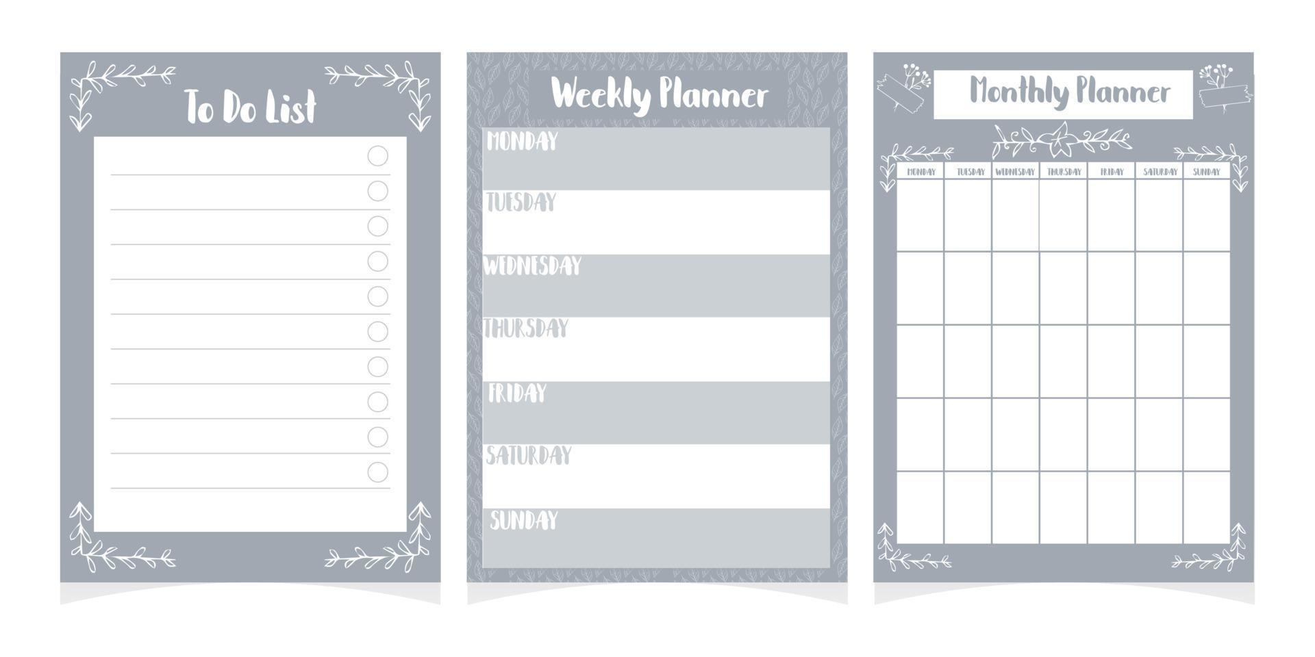 Set of planners template, checklist, daily schedule isolated on white background, printable collection with doodle decoration elements. Vector illustration