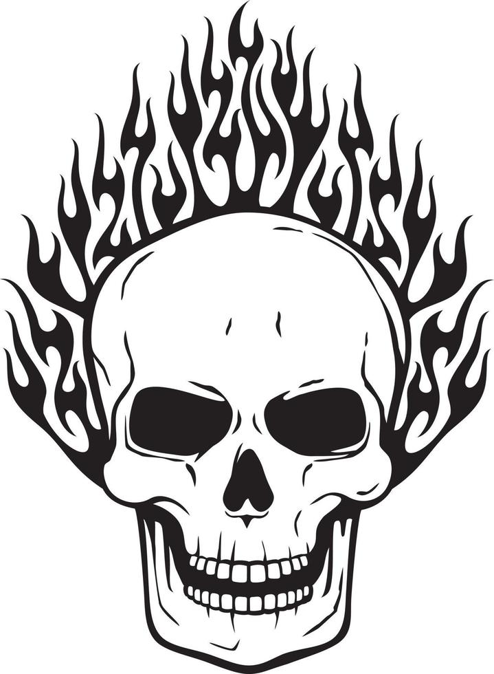 Burning Human Skull Black and White. Vector illustration.