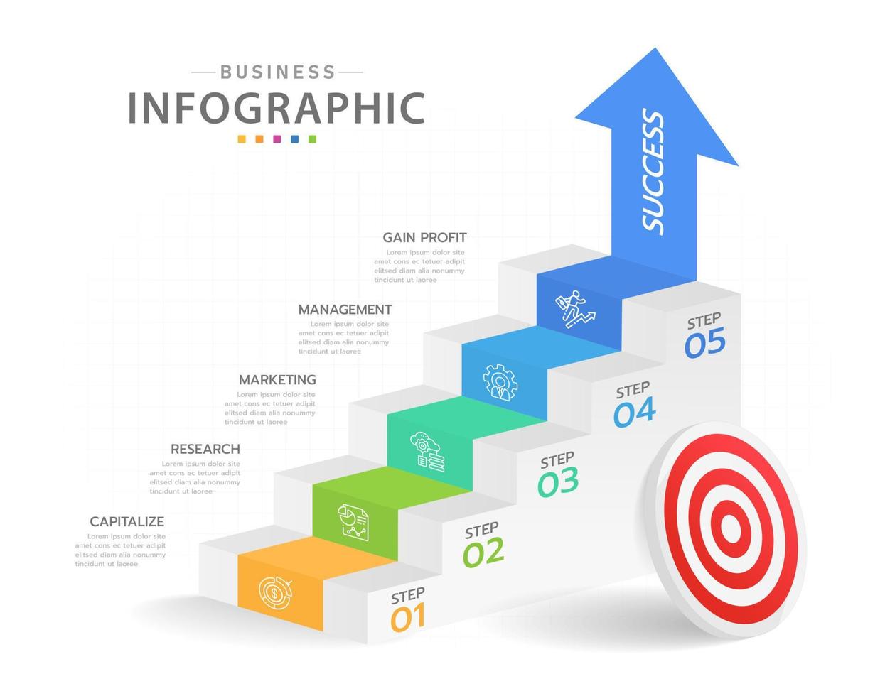 Infographic template for business. 5 Steps Modern Stair diagram with arrow and topics, presentation vector infographic.