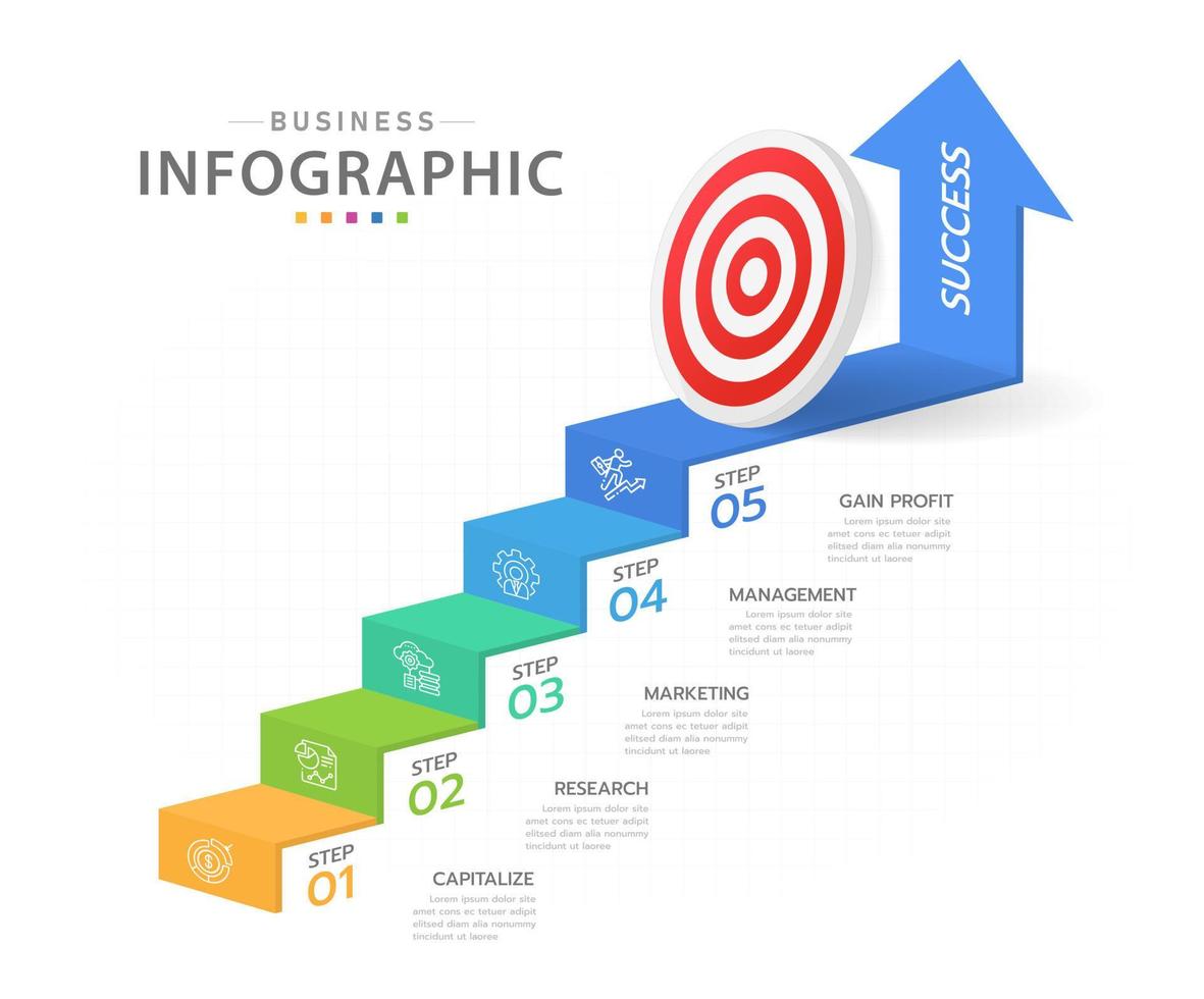 plantilla infográfica para negocios. Diagrama de escalera moderno de 5 pasos con flecha y temas, infografía vectorial de presentación. vector