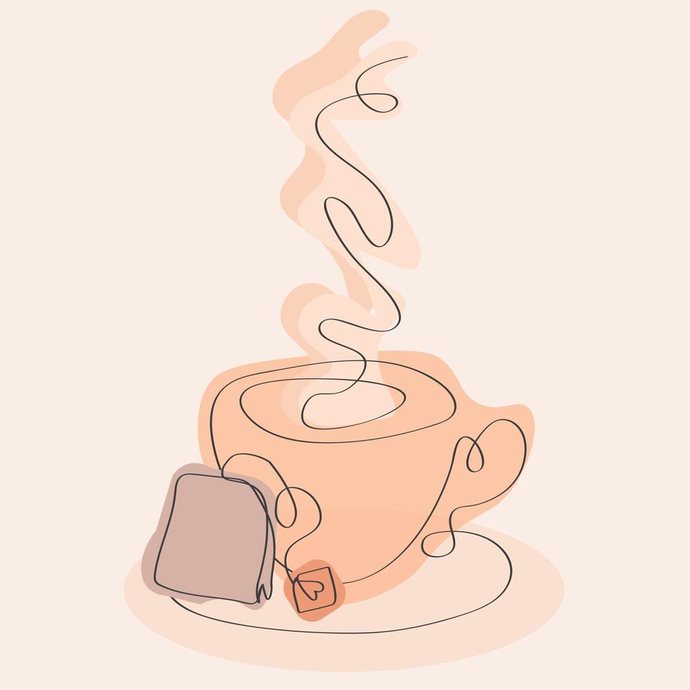 Hand draw ane line art cup with tea bag. vector