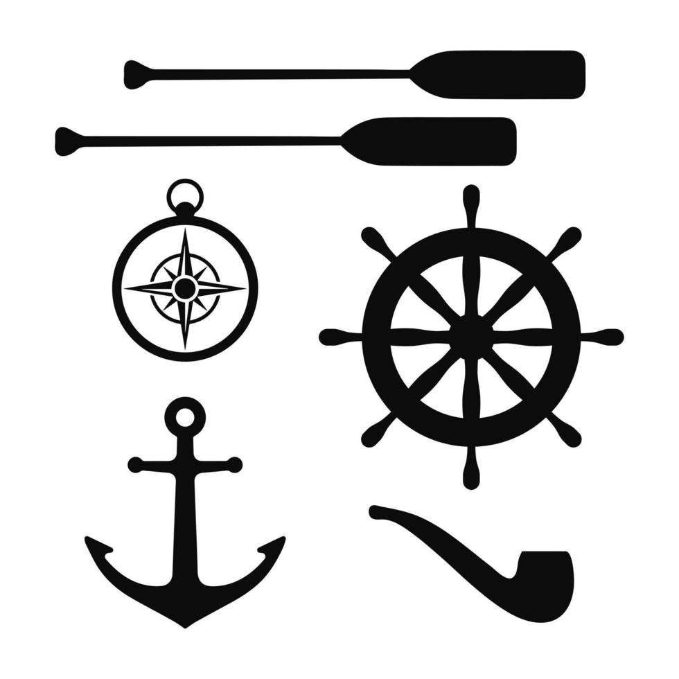 Nautical icons set. Anchor, oars, compass, ship's rudder, smoking pipe. Vector illustration.