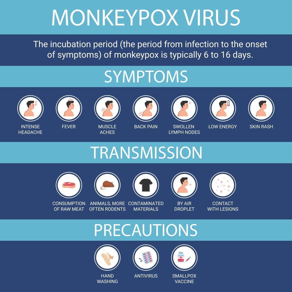 brote del virus de la viruela del simio. síntomas de transmisión. diseño plano con iconos. ilustración vectorial vector