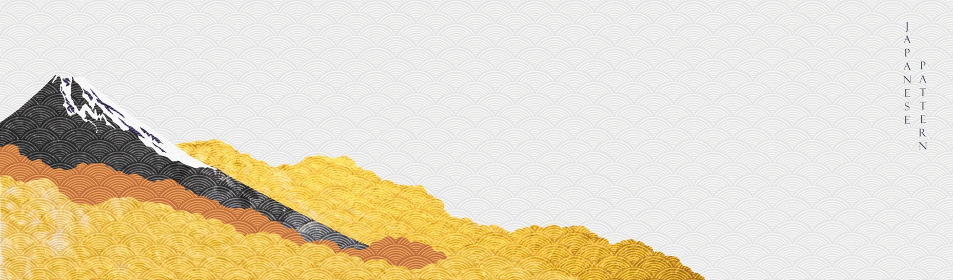 Landscape background with Japanese pattern vector. Gold foil and black watercolor texture with Fuji mountain banner. vector