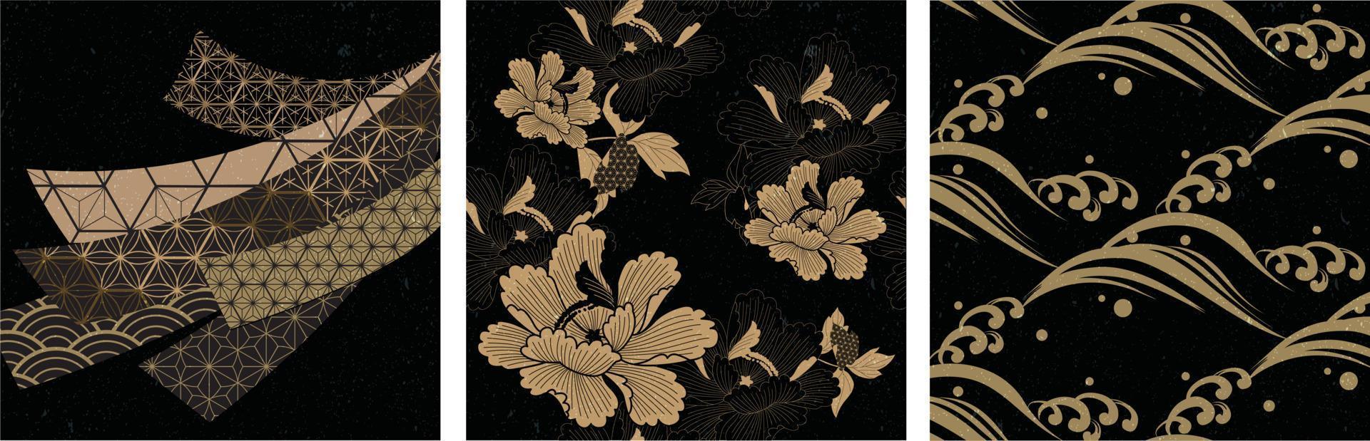 vector de patrones sin fisuras japoneses y elementos asiáticos. onda, elementos de flor de peonía en estilo vintage.