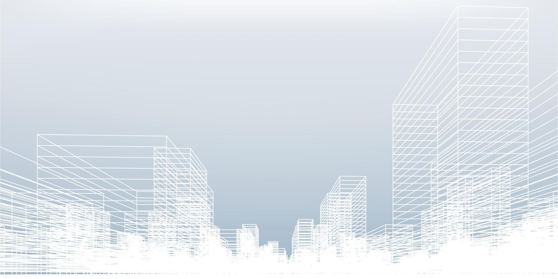 Perspective 3D render of building wireframe. Vector wireframe city background of building.