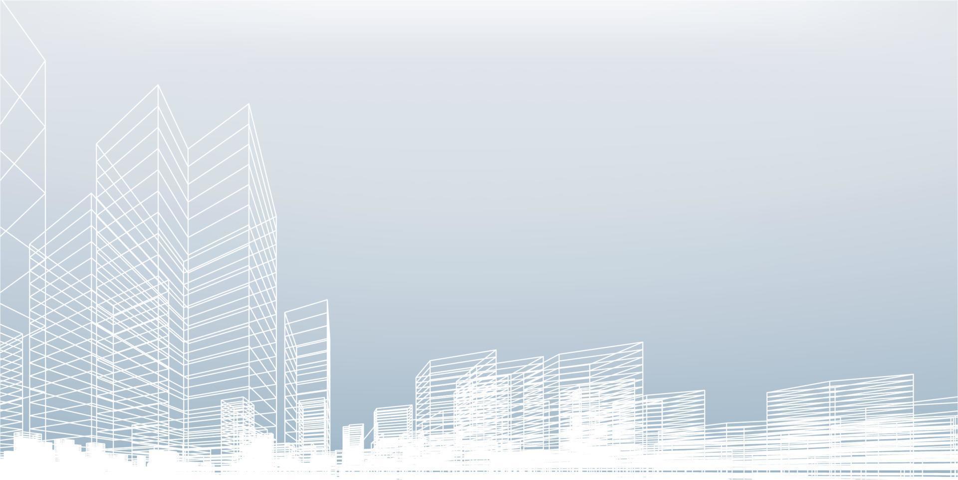 Perspective 3D render of building wireframe. Vector wireframe city background of building.