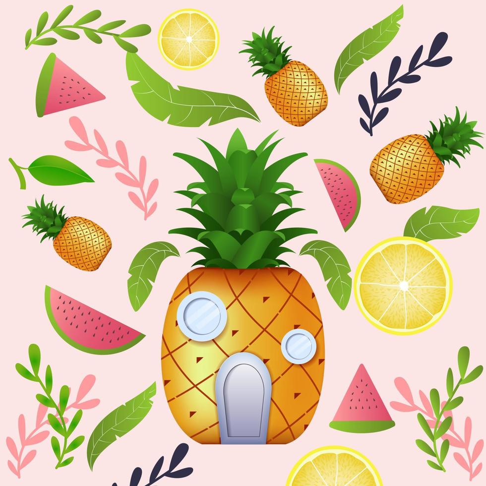 CUTE FRUITS watermelon and pineapple  with leaves vector