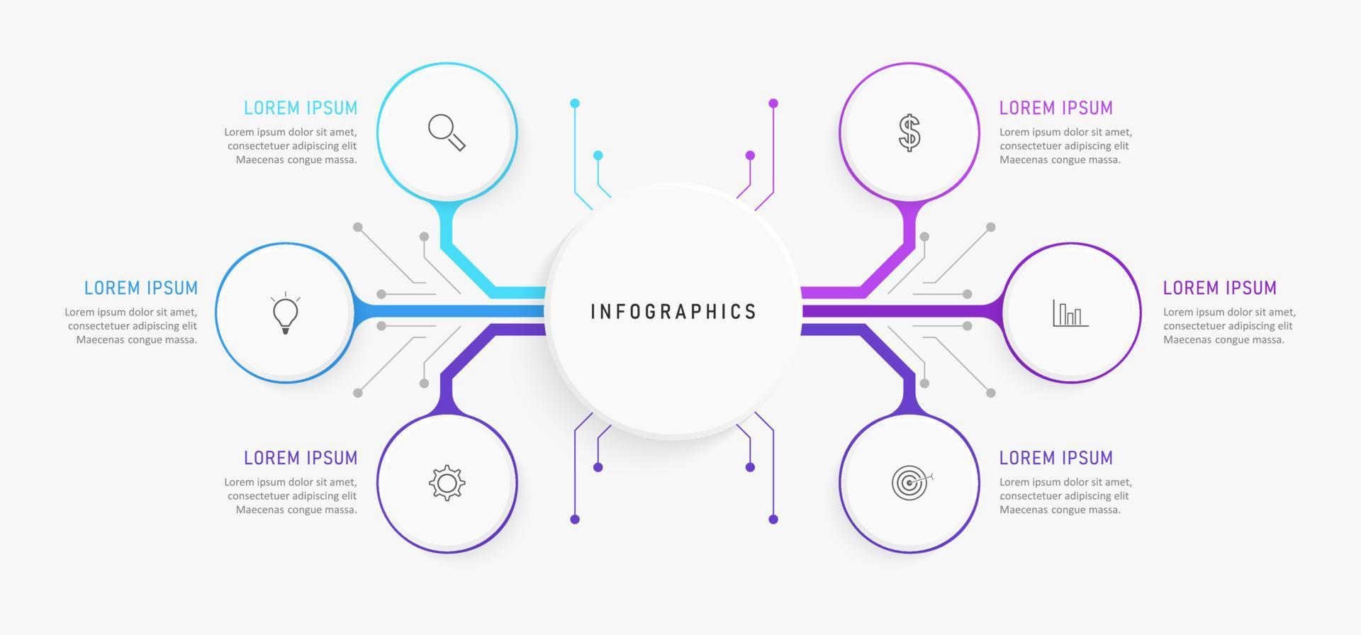 plantilla de diseño de etiquetas infográficas vectoriales con iconos y 6 opciones o pasos. se puede utilizar para diagramas de proceso, presentaciones, diseño de flujo de trabajo, banner, diagrama de flujo, gráfico de información. vector