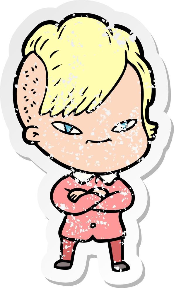 distressed sticker of a cute cartoon girl with hipster haircut vector