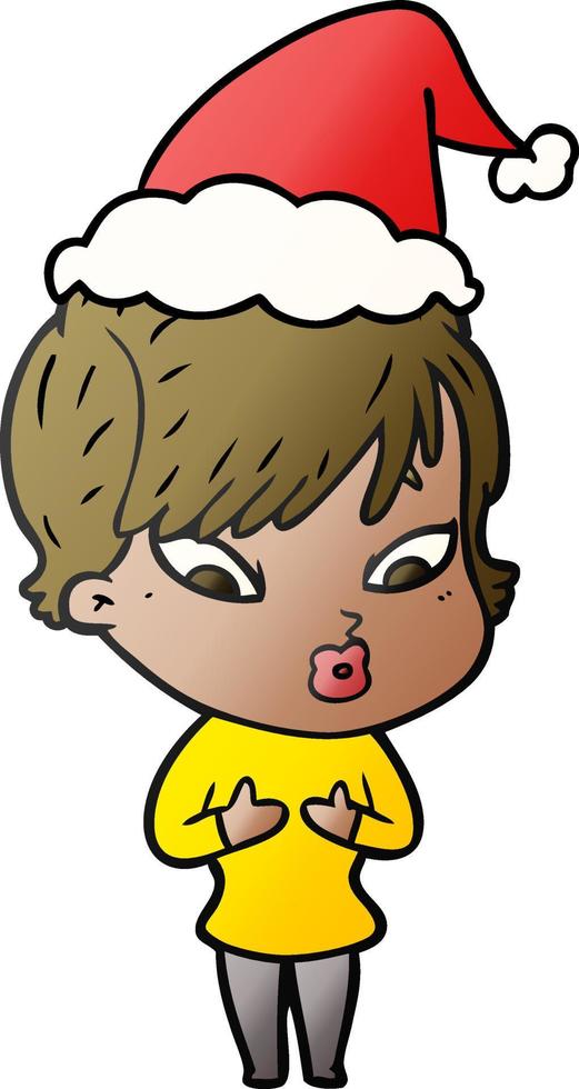 gradient cartoon of a woman wearing santa hat vector