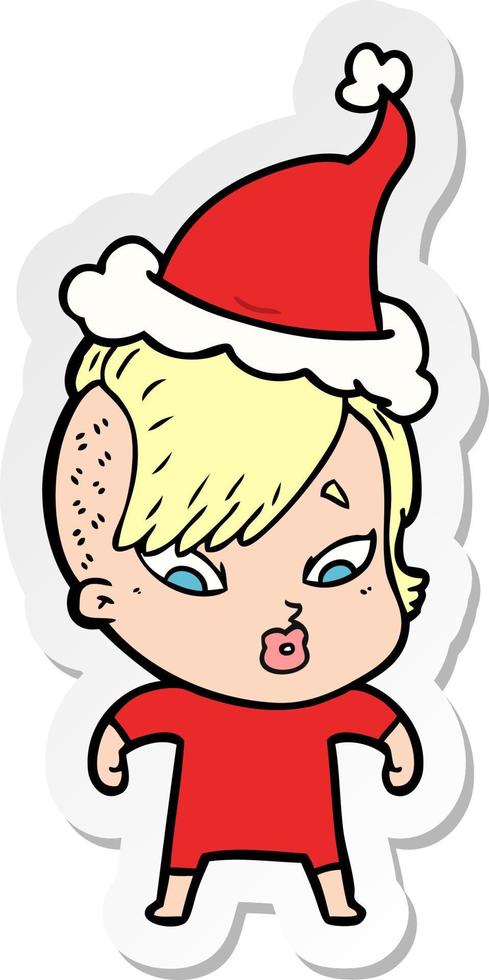 pegatina, caricatura, de, un, sorprendido, niña, llevando, santa sombrero vector