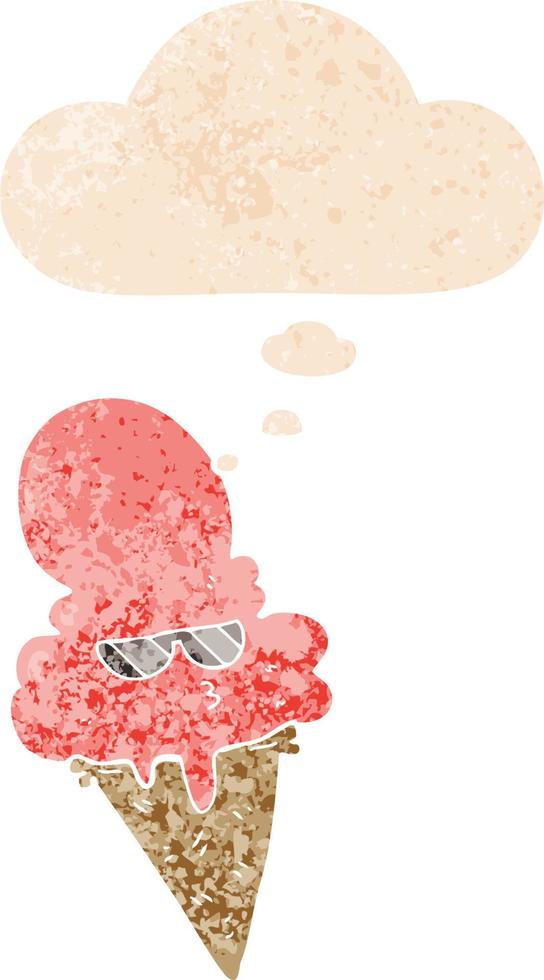 cartoon cool ice cream and thought bubble in retro textured style vector