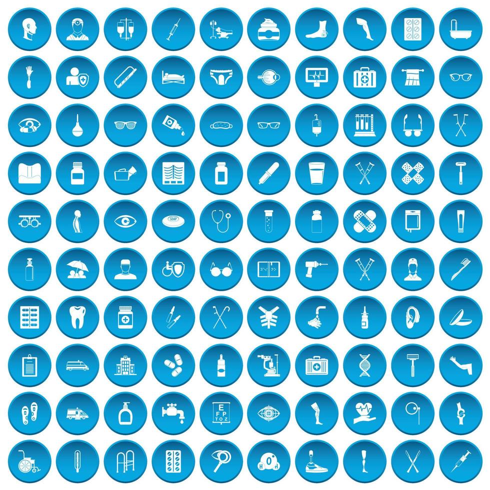 100 iconos de salud discapacitados conjunto azul vector