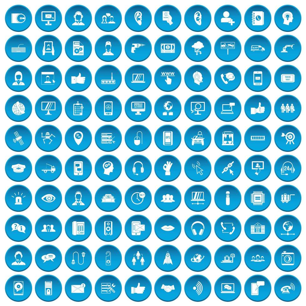 100 iconos de centro de llamadas conjunto azul vector